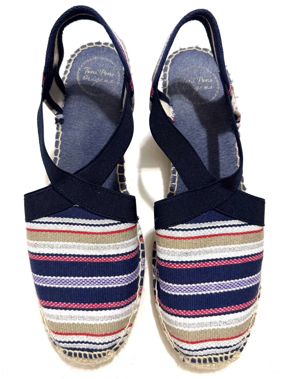 Toni Pons Tarbes Espadrille Wedge Sandals in Navy Red Stripes Size 10